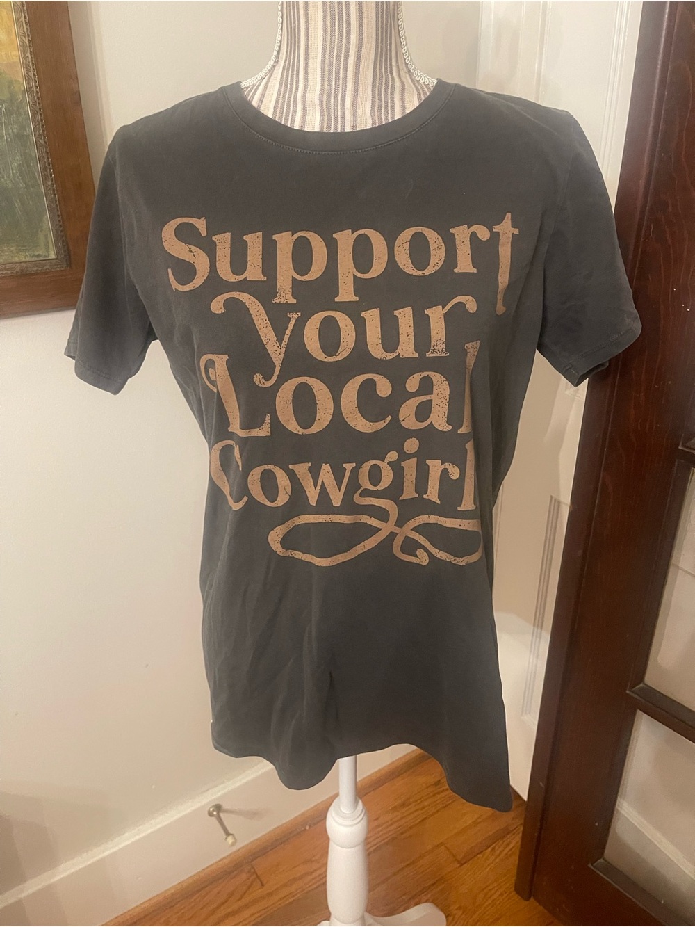 Tres Bien Black Tee with Tan "Support Your Local Cowgirls” Graphic 100% Cotton